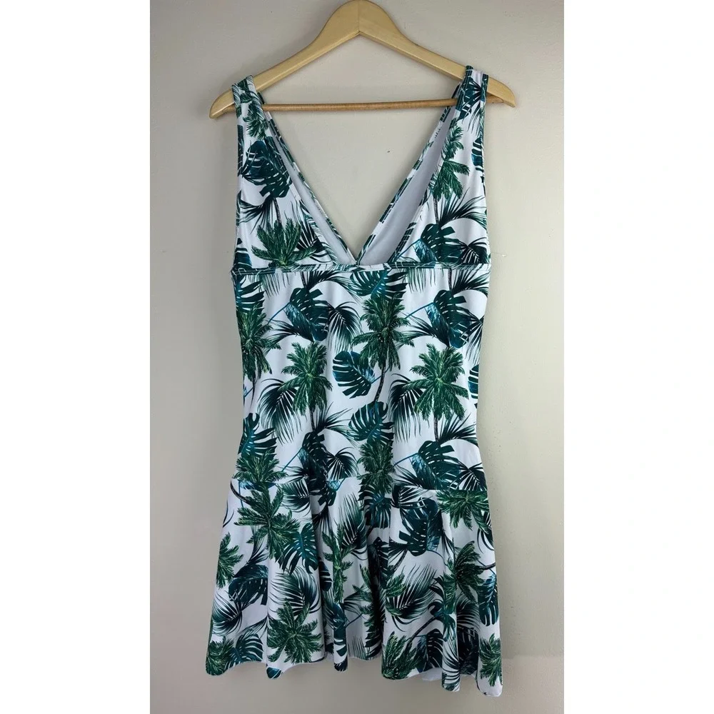 COCOPEAR Women's Tropical Palm Leaf Swim Dress Green White One Piece Size 3XL